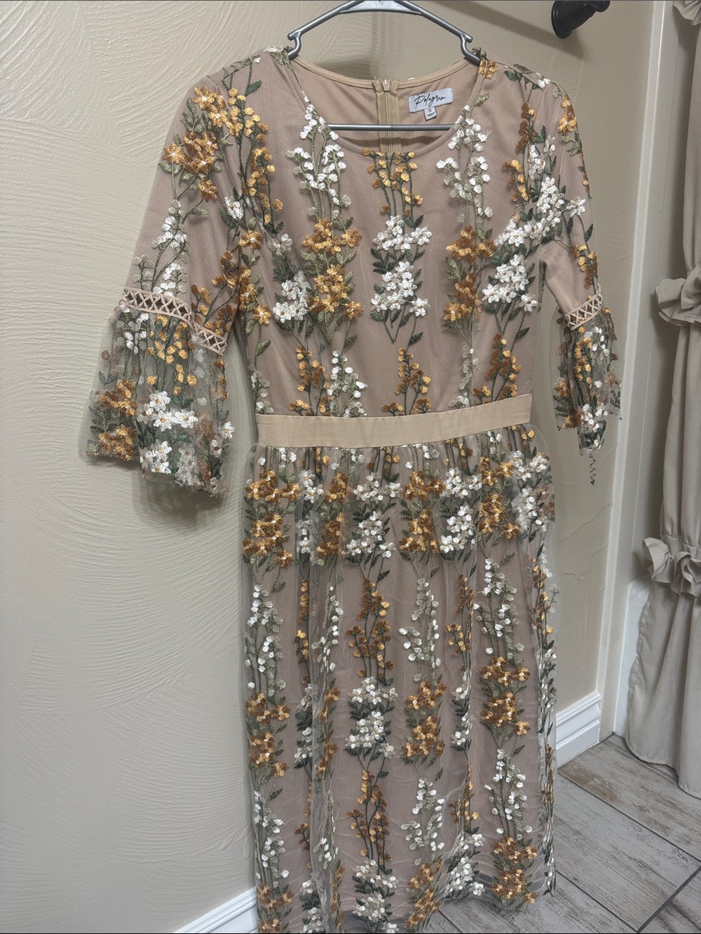 Polagram Beige Midi Dress with Gold and White Floral Embroidery